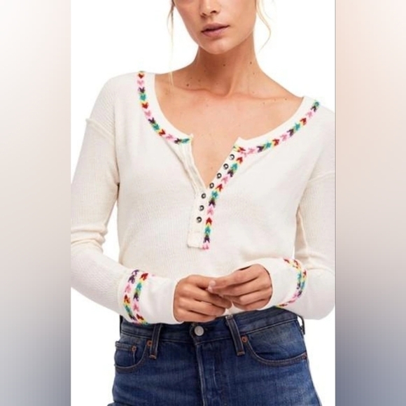 WE The Free Free People Rainbow Thermal Tee In Ivory Size X-Small - Picture 2 of 11